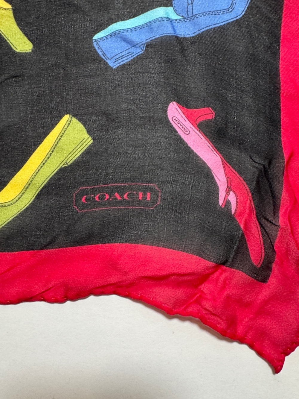 COACH Vintage 100% Silk Black Scarf Bright Shoe Motif Red Border Made in Japan - Picture 2 of 10